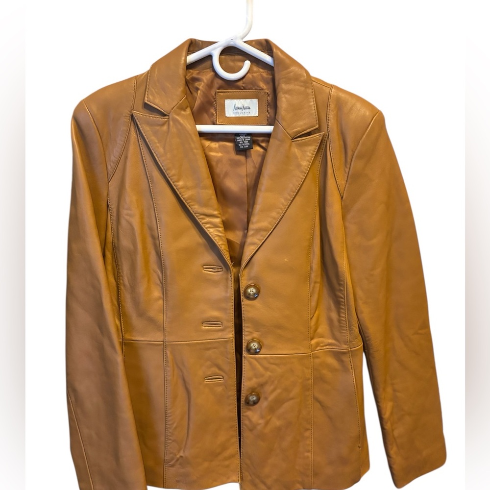 Neiman Marcus Camel Brown Leather Blazer